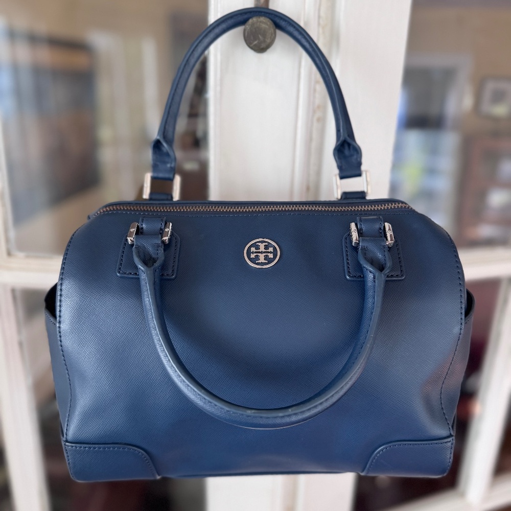 Tory Burch Saffiano Leather Robinson Satchel large Crossbody & Hand Bag Blue EUC
